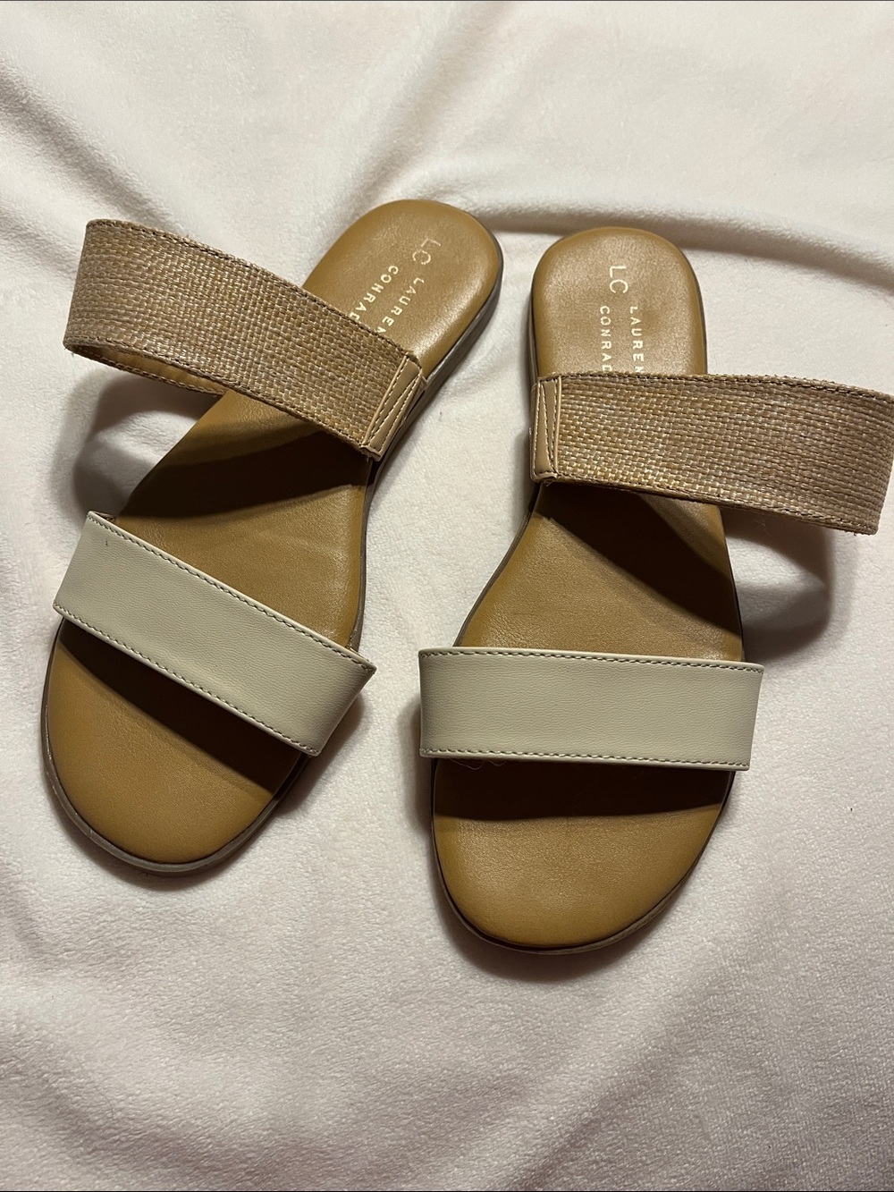 LC Lauren Conrad Two-Tone Cream and Tan Slide Sandals